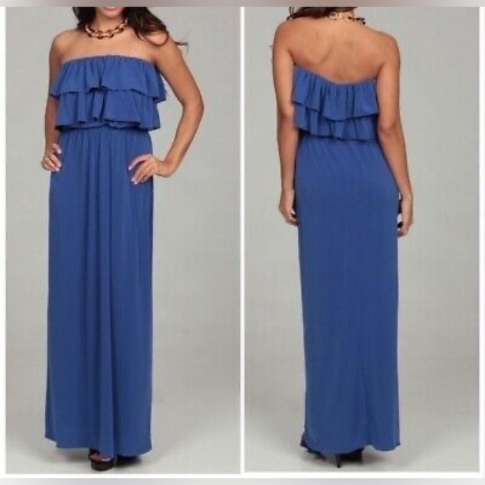 Suzi Chin for Maggy Boutique Blue Strapless Ruffled Gown